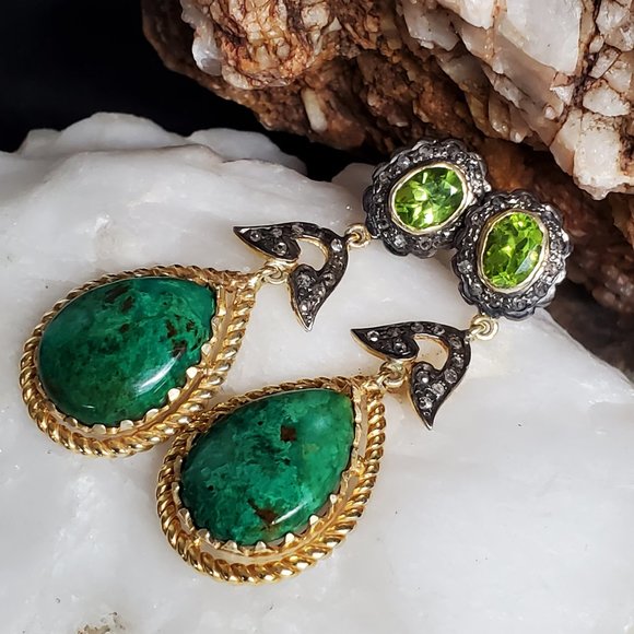 Sterling Silver 925/14k Gold Earrings Diamond African Chrysocolla Natural Stone - Picture 9 of 11